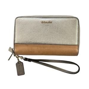 Coach Metallic Gold Leather Double Zip Medium Wallet Wristlet